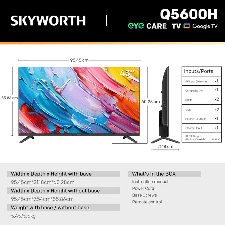 SKYWORTH Q5600H 32",40",43"-QLED+ Smart Google TV, FHD, HDR10 HLG, Find-My Remote,Dolby Audio, Screen Casting, Bezel Less Design, Voice Control