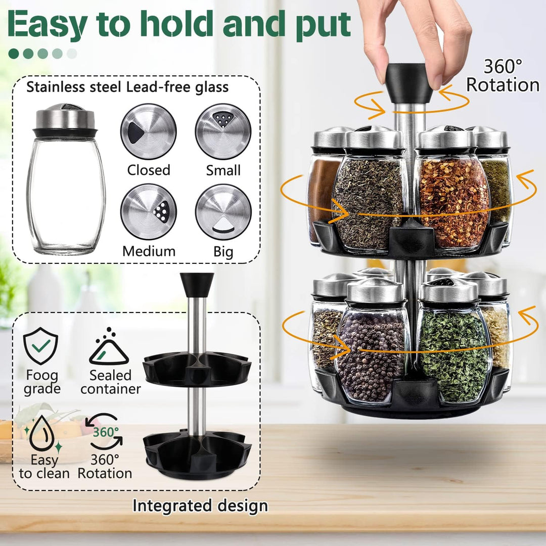 CARLA HOME Rotating Spice Rack Organizer with 16 Glass Jars for Kitchen Seasoning and Herb Storage