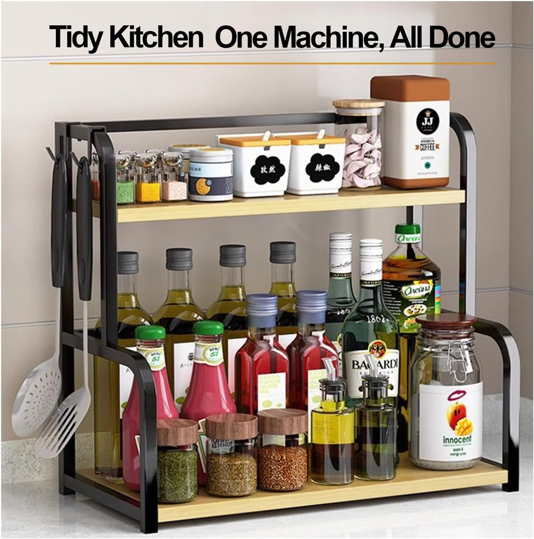 CARLA HOME 2-Tier Wooden Kitchen Countertop Spice Rack for Storage of Condiments, Oils, Jars & Seasoning Bottles