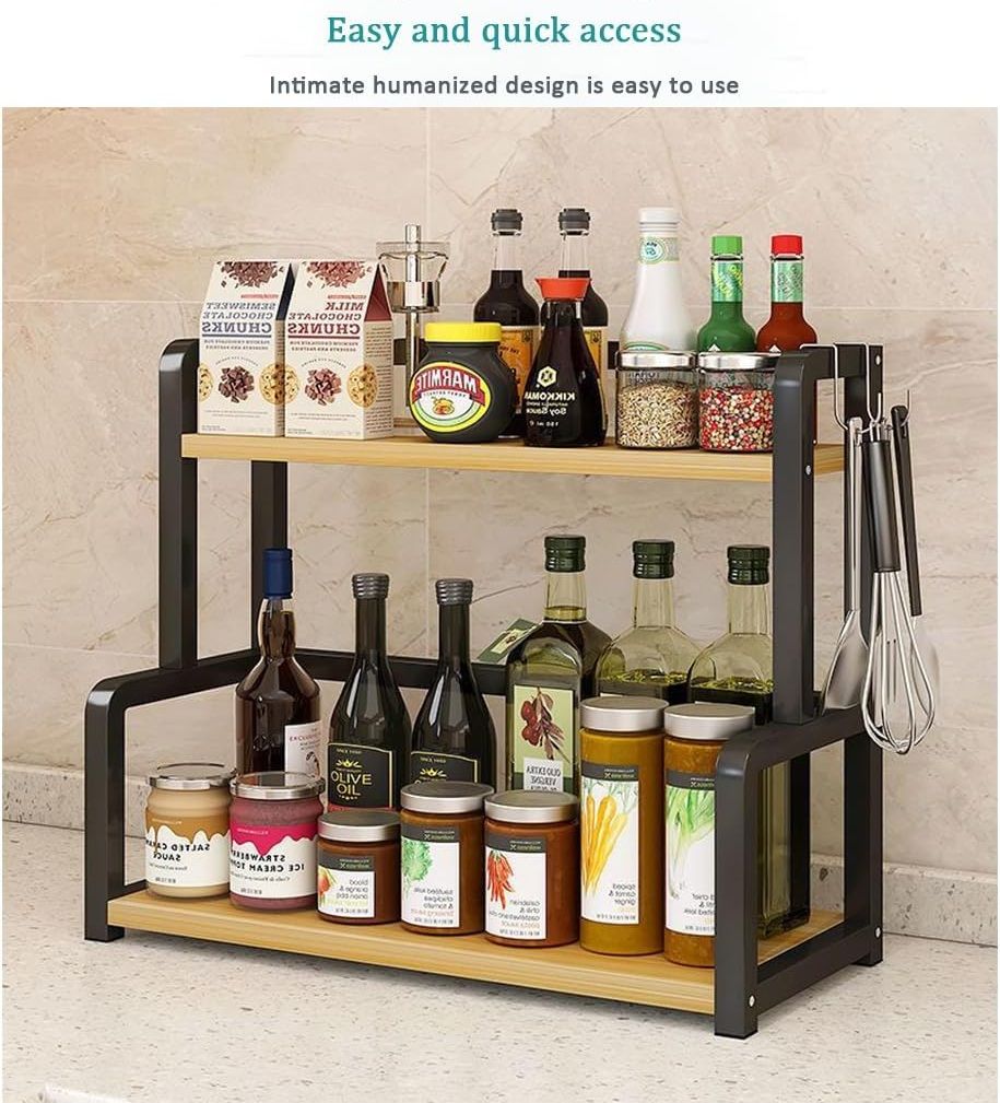 CARLA HOME 2-Tier Wooden Kitchen Countertop Spice Rack for Storage of Condiments, Oils, Jars & Seasoning Bottles