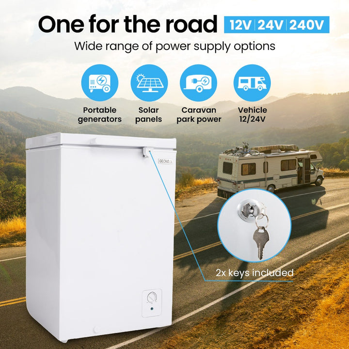 GECKO 100L Portable Chest Freezer, 12V/24V/240V for Motorhome and Caravan, White