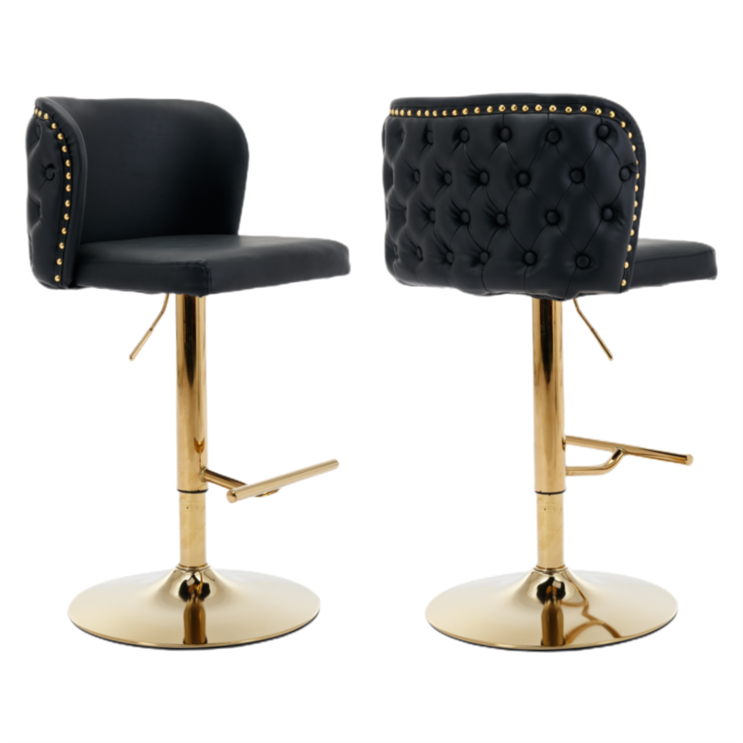 Bar Stools Set of 2 Black - Swivel Height Adjustable with Gold Base & Wingback
