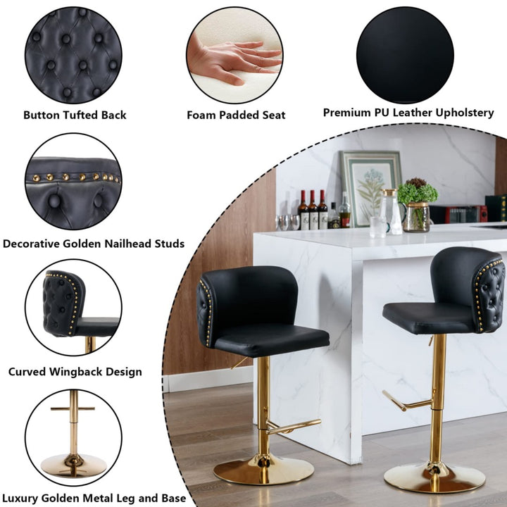 Bar Stools Set of 2 Black - Swivel Height Adjustable with Gold Base & Wingback