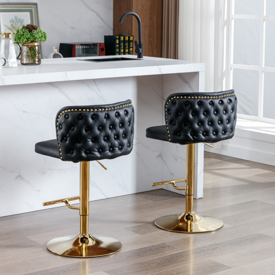 Bar Stools Set of 2 Black - Swivel Height Adjustable with Gold Base & Wingback