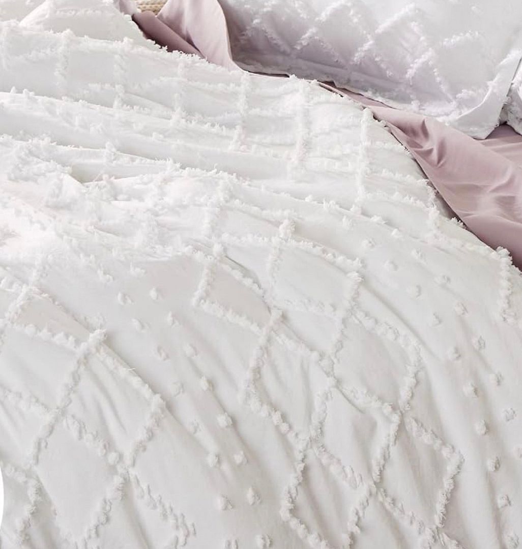 Tufted Boho Embroidery Quilt/Doona/Duvet Cover Set - White - Queen Size