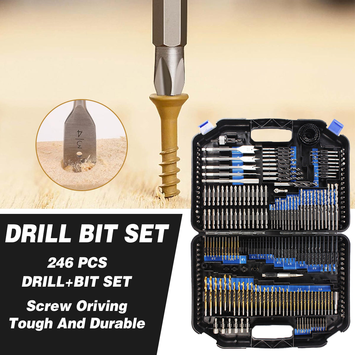 246-Piece Drill Bit Set - Complete Metal, Wood & Plastic Drilling Kit with Hole Openers