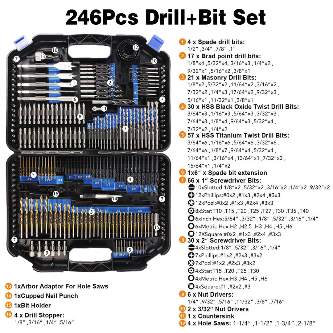 246-Piece Drill Bit Set - Complete Metal, Wood & Plastic Drilling Kit with Hole Openers