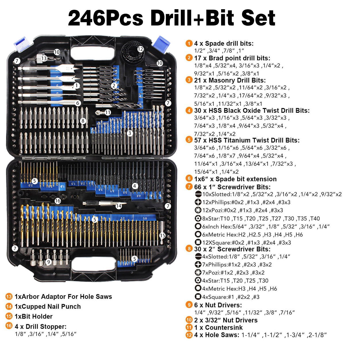 246-Piece Drill Bit Set - Complete Metal, Wood & Plastic Drilling Kit with Hole Openers