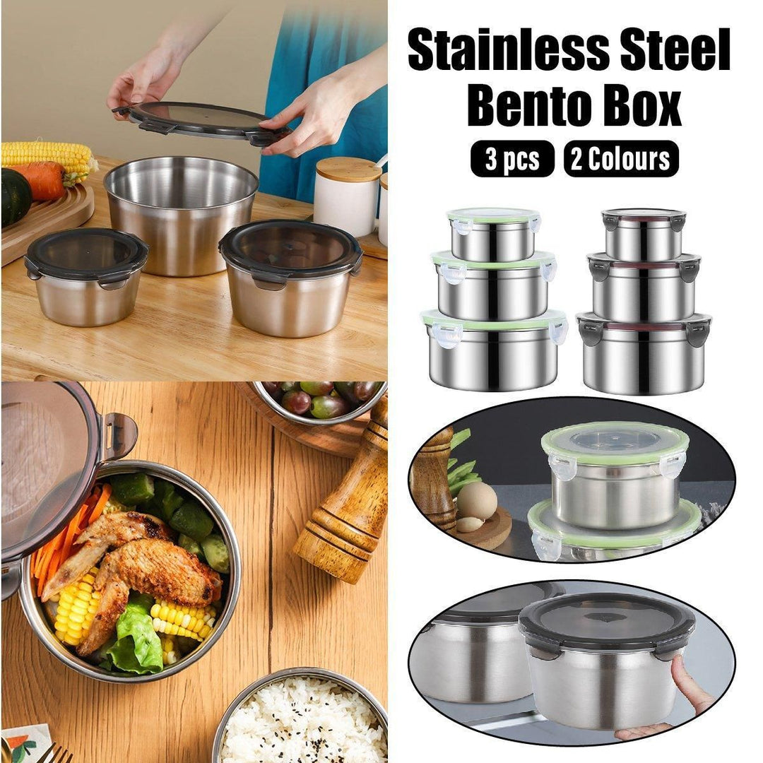 Stainless Steel Lunch Box Set 3PCS - Airtight Round Food Storage Containers with Lids