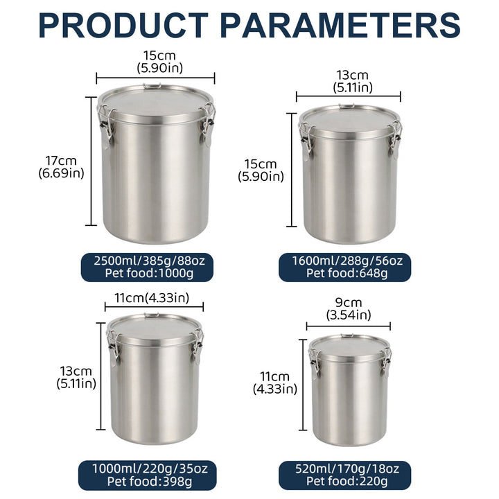 Stainless Steel Pet Food Storage Container 1000ml - Airtight Dog Cat Food Bin