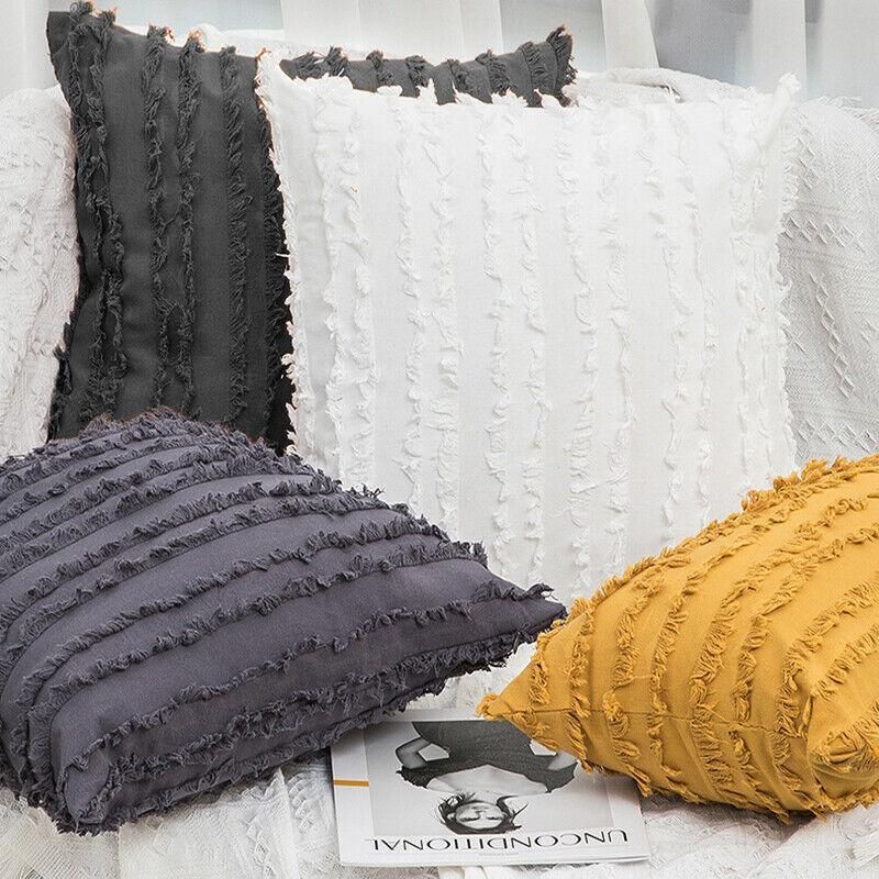 Boho Tassel Fringe Striped Cushion Cover Soft Home Decor Sofa Throw Pillow Case - Black