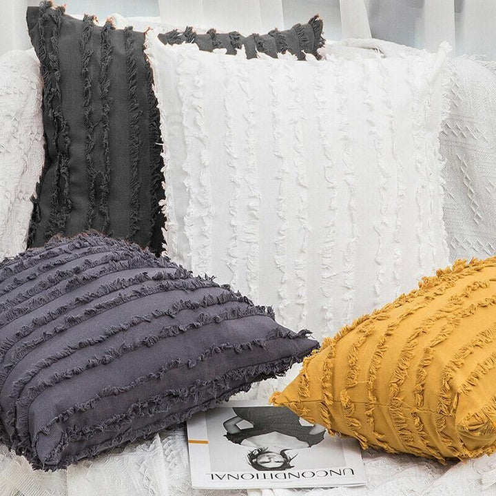 Boho Tassel Fringe Striped Cushion Cover Soft Home Decor Sofa Throw Pillow Case - Black