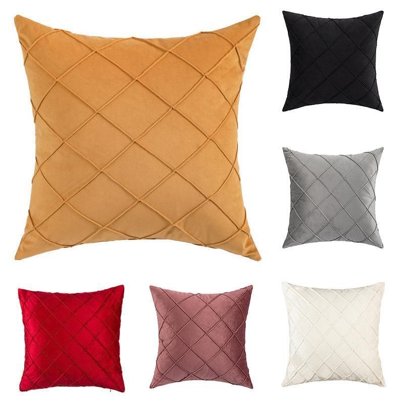 Velvet Cushion Cover Pleated Checked Plaid Plush Decorative Lounge Cushion Cover - White