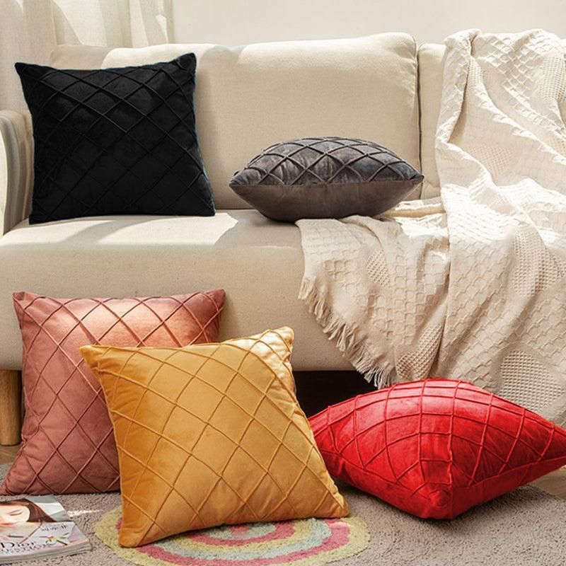 Velvet Cushion Cover Pleated Checked Plaid Plush Decorative Lounge Cushion Cover - White
