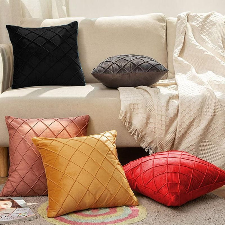 Velvet Cushion Cover Pleated Checked Plaid Plush Decorative Lounge Cushion Cover - White