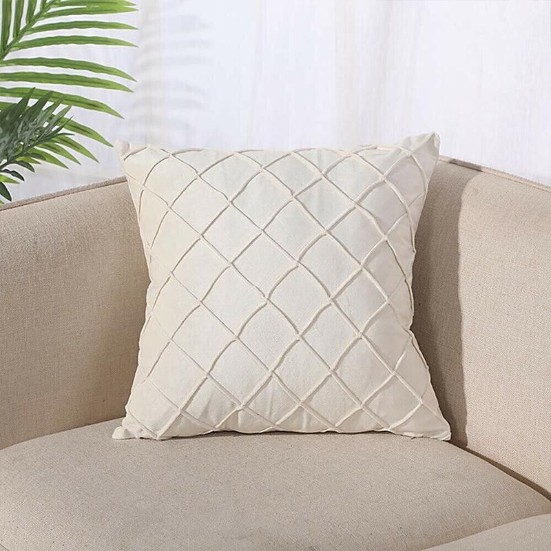 Velvet Cushion Cover Pleated Checked Plaid Plush Decorative Lounge Cushion Cover - White
