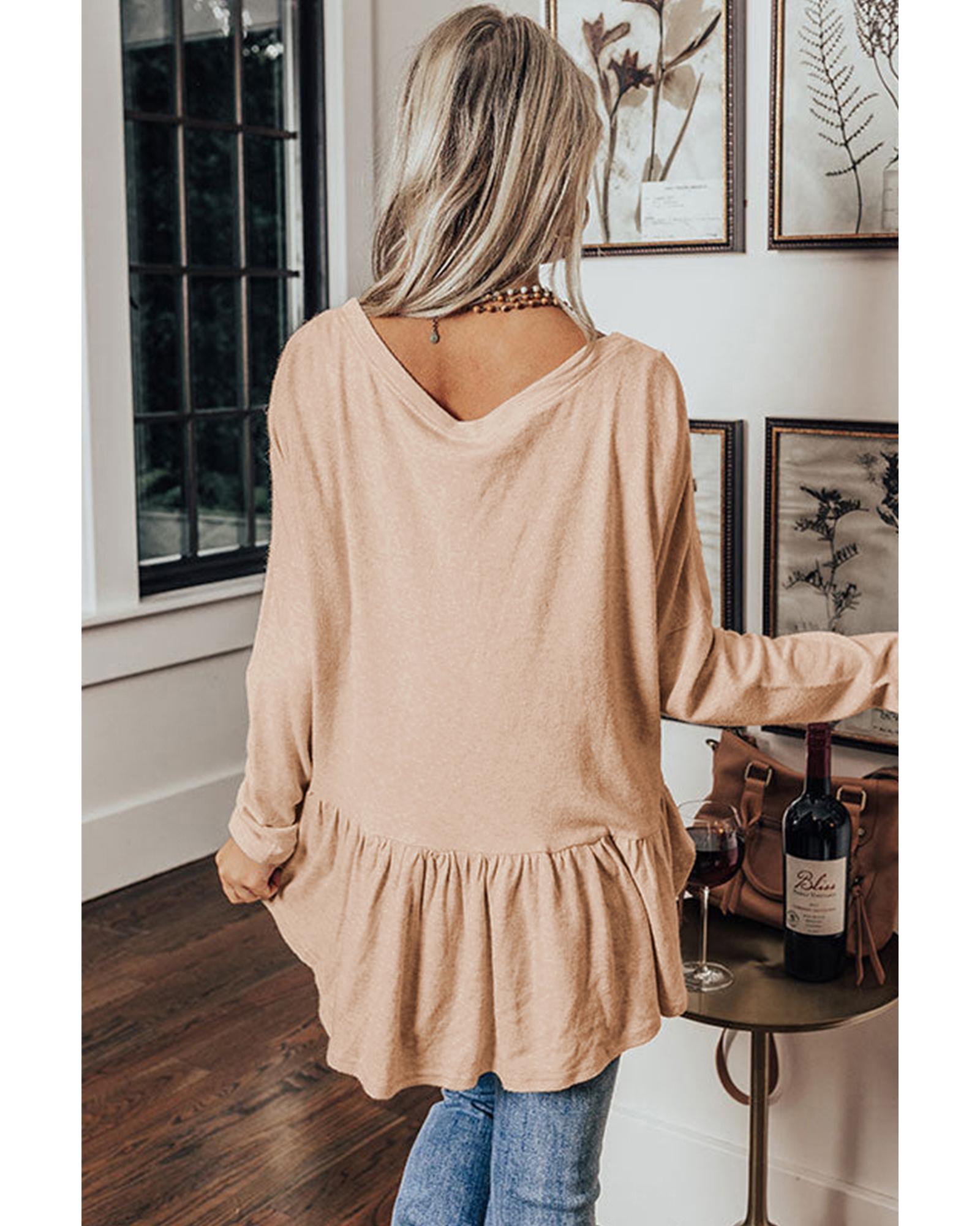 Jet Stream Ruffled V Neck Buttoned V Neck Shirt - L