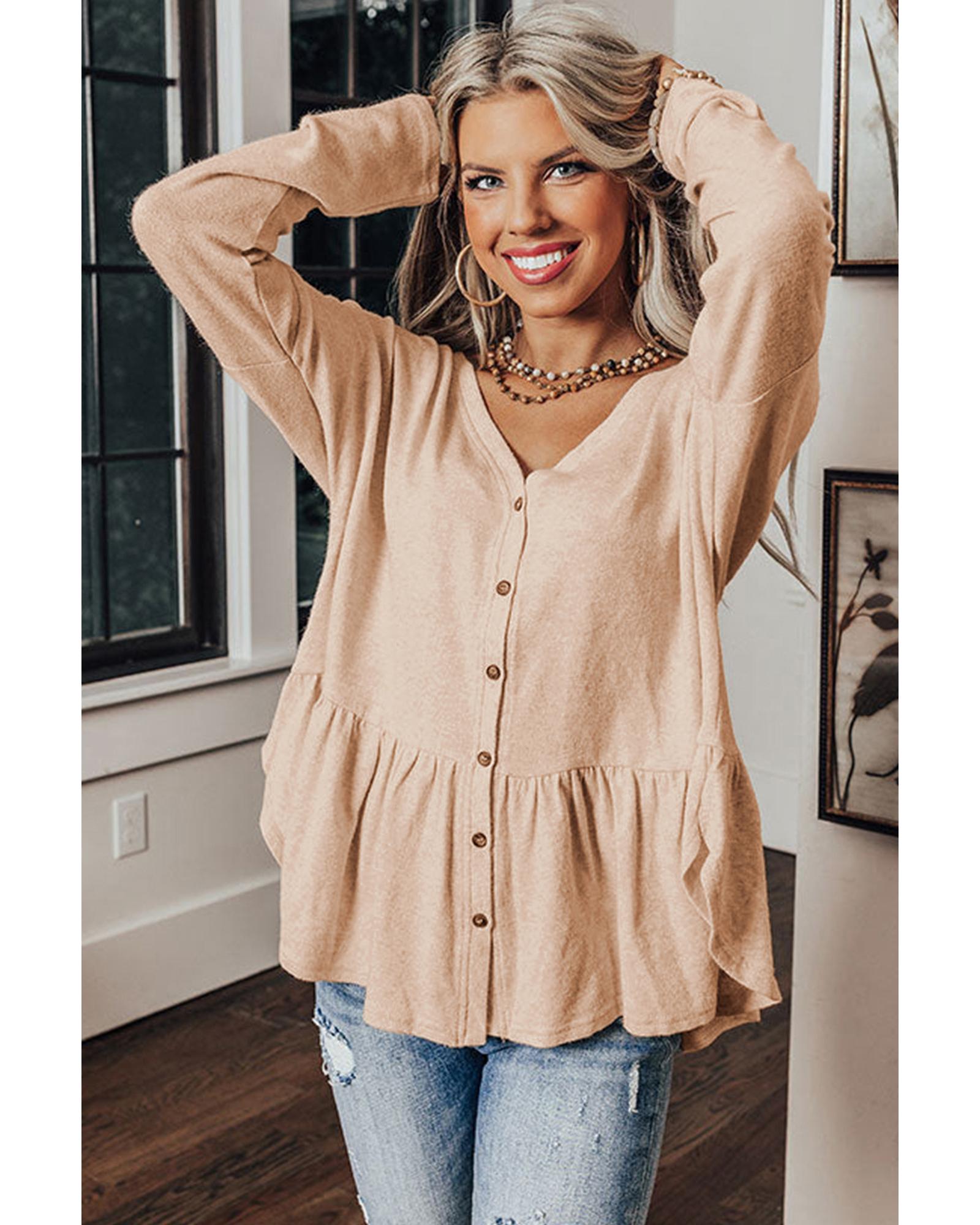 Jet Stream Ruffled V Neck Buttoned V Neck Shirt - M
