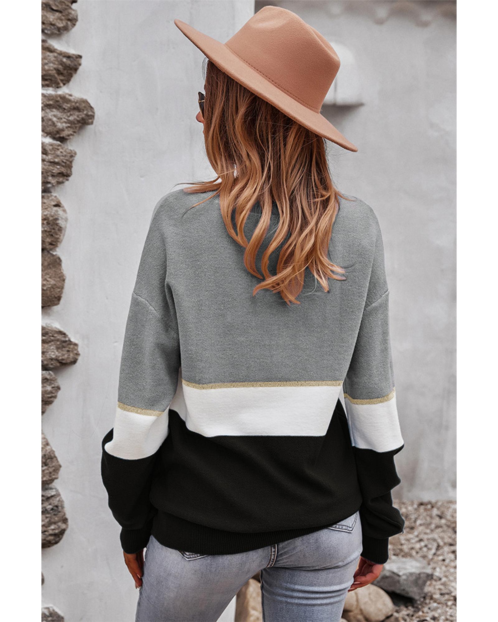 Gray Colorblock V Neck Sweater - M