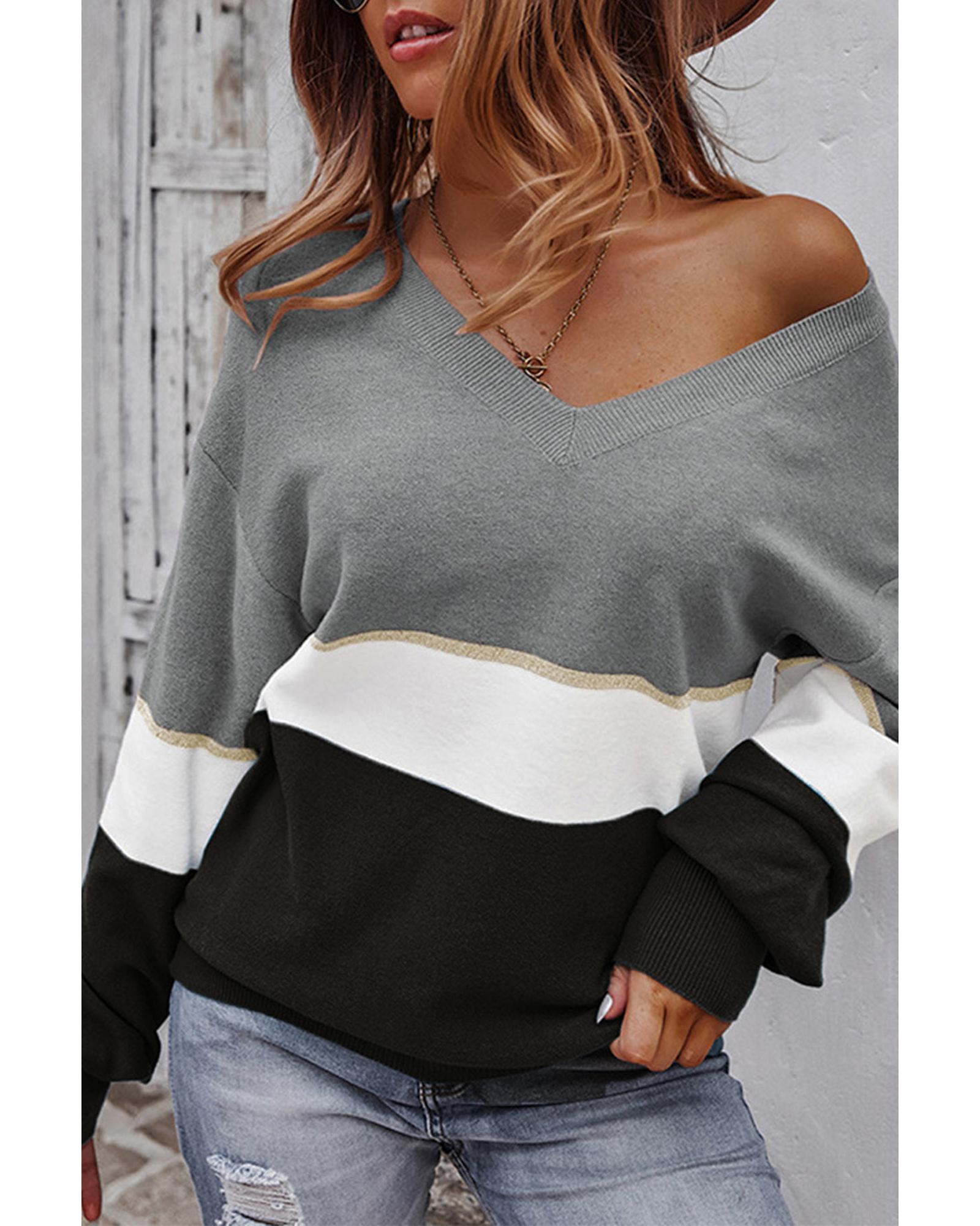 Gray Colorblock V Neck Sweater - S