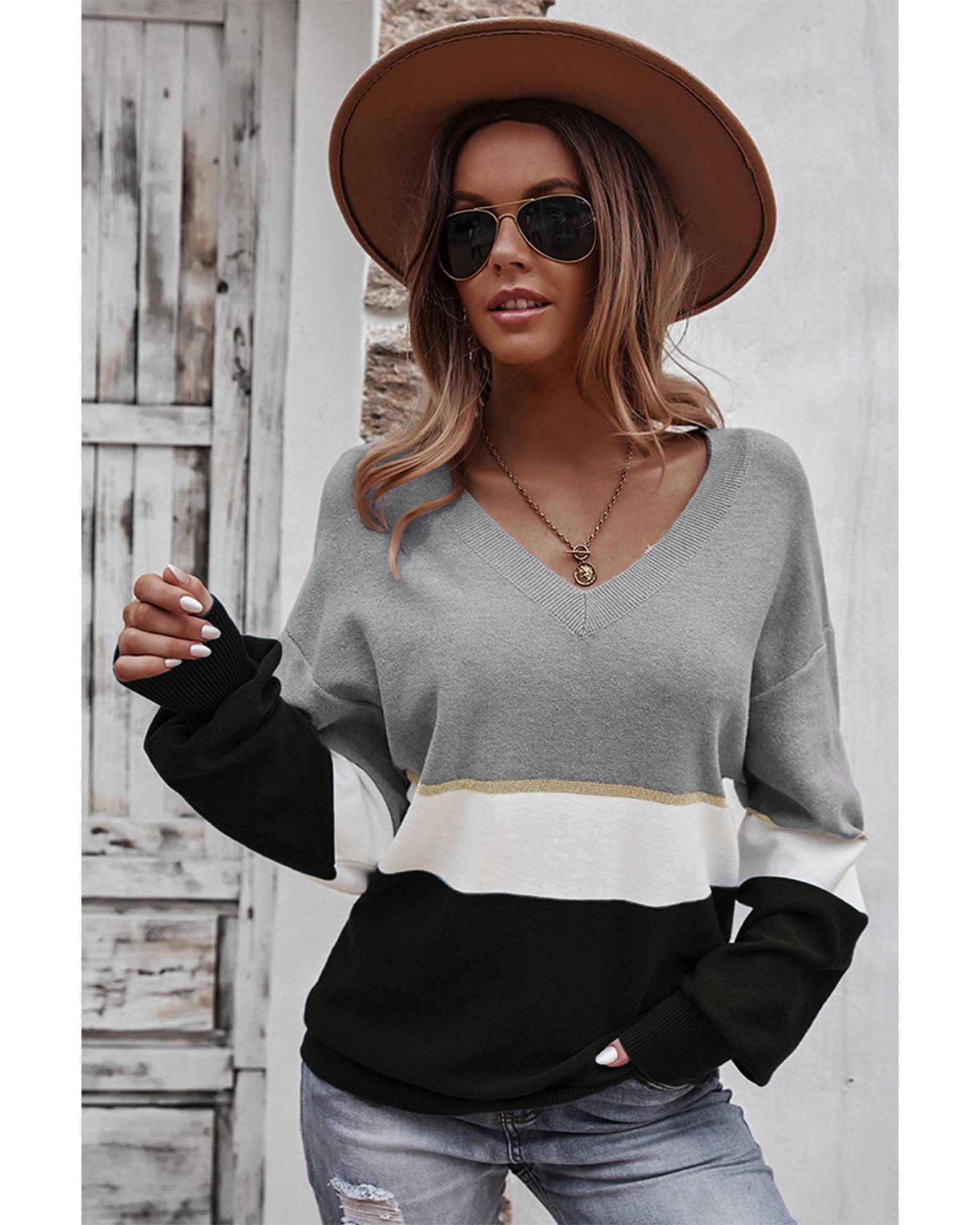 Gray Colorblock V Neck Sweater - S