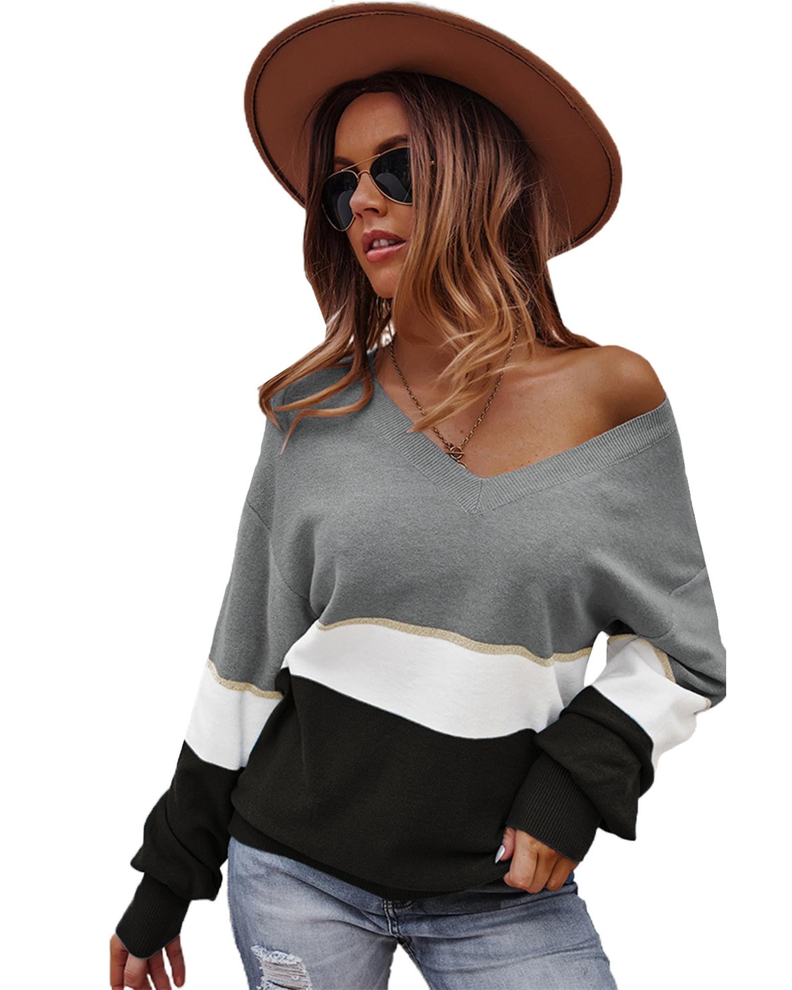 Gray Colorblock V Neck Sweater - S