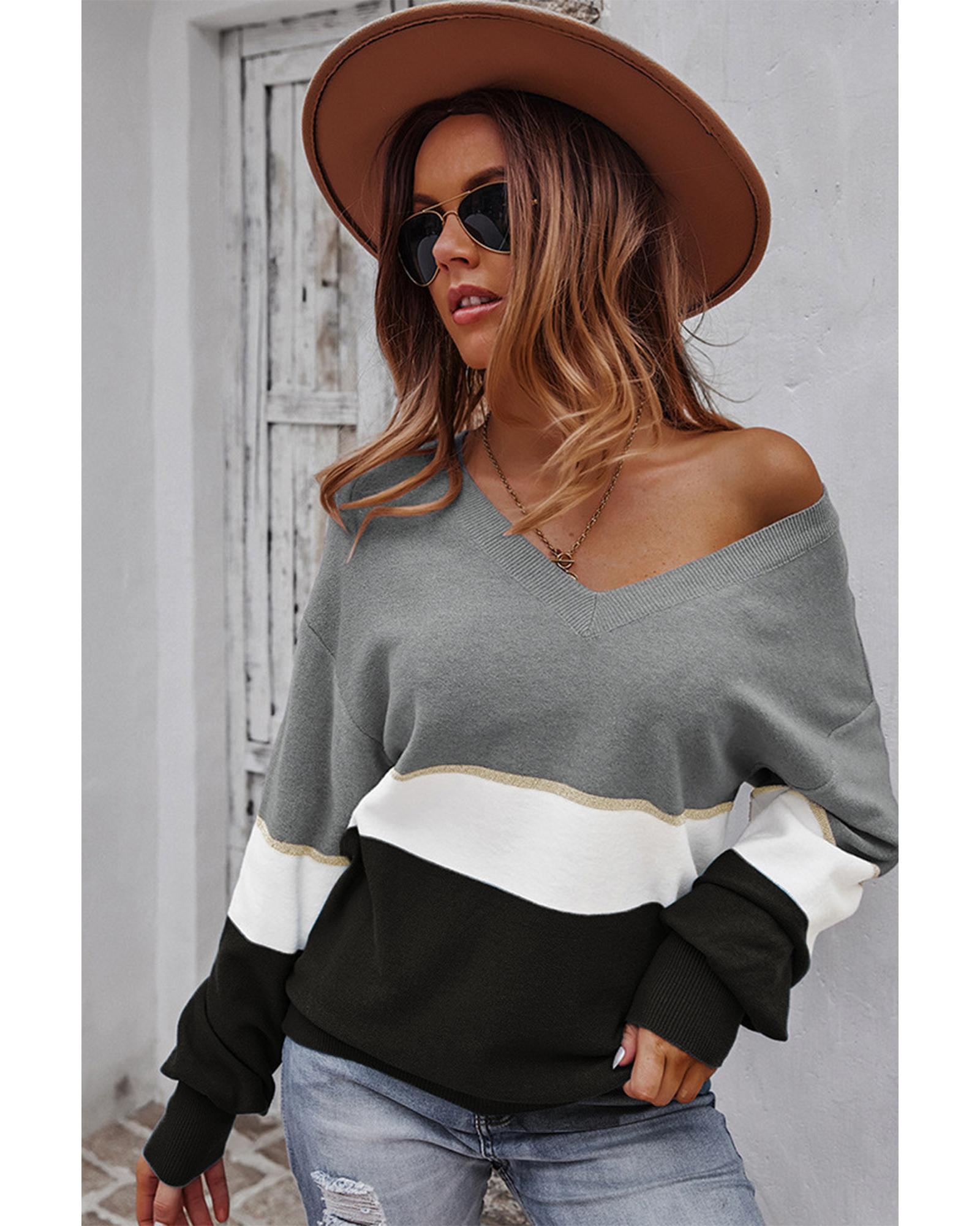 Gray Colorblock V Neck Sweater - S