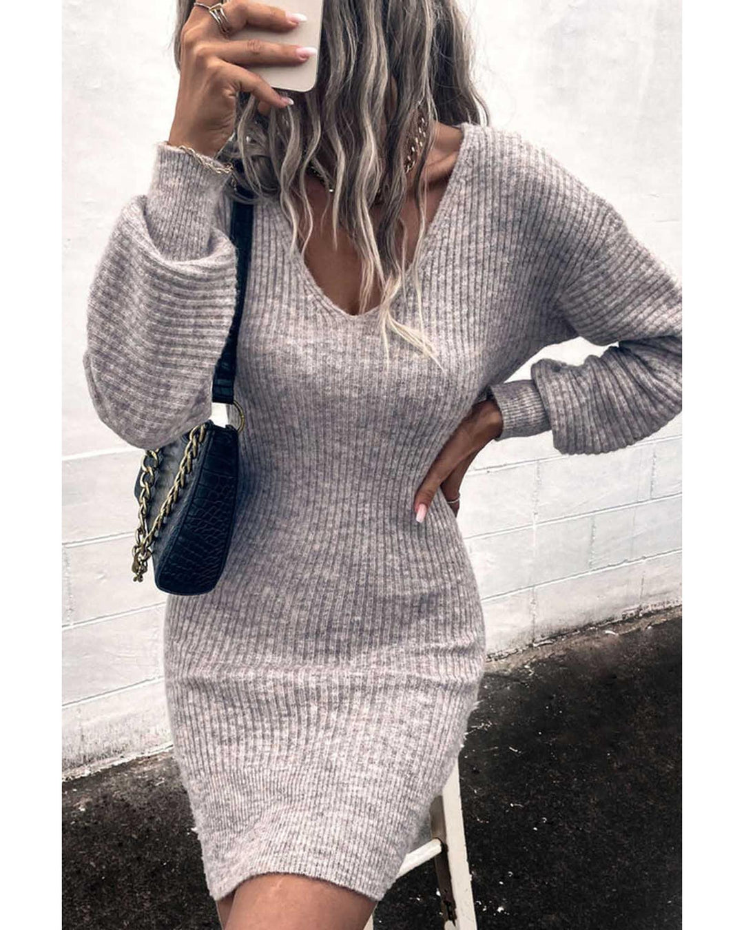 Gray V Neck Bodycon Sweater Dress - M