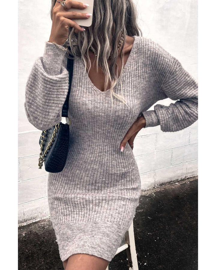 Gray V Neck Bodycon Sweater Dress - M