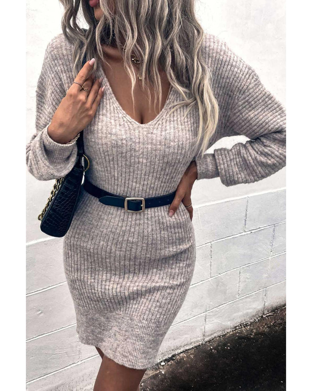 Gray V Neck Bodycon Sweater Dress - M