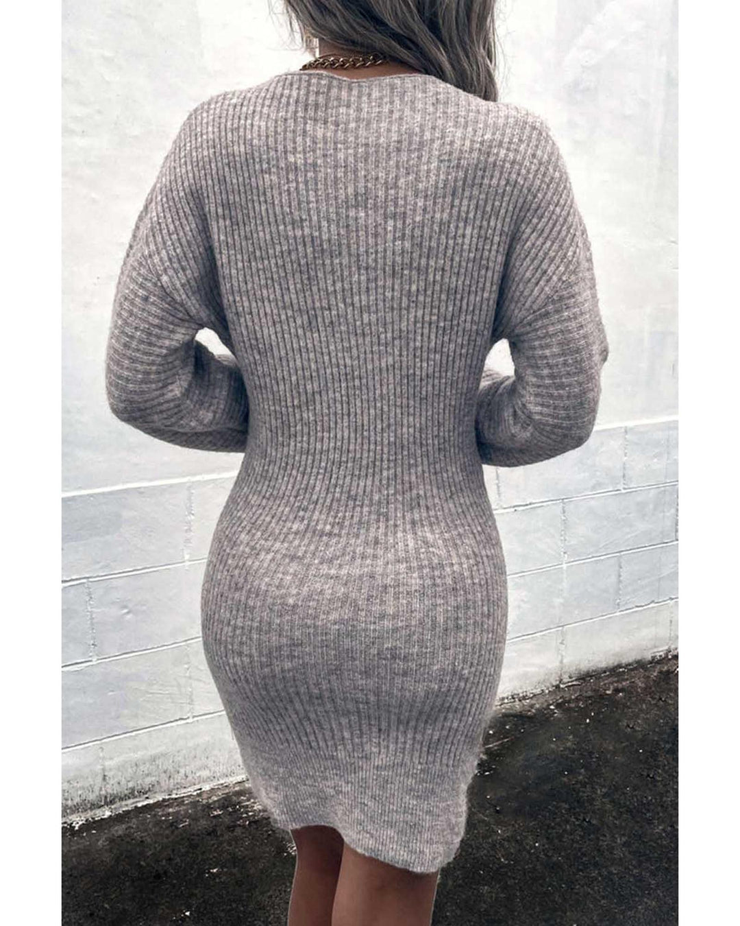 Gray V Neck Bodycon Sweater Dress - M