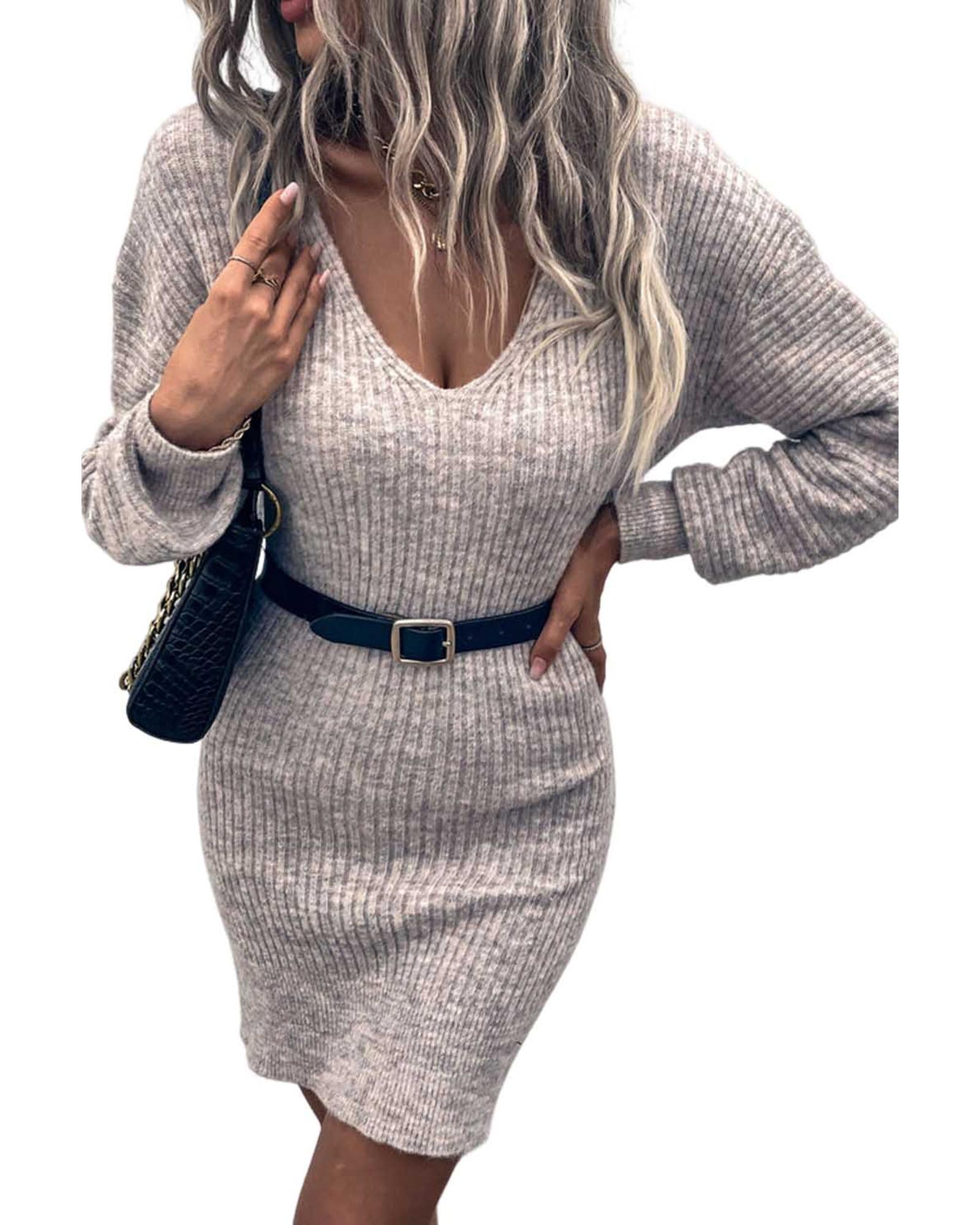 Gray V Neck Bodycon Sweater Dress - XL