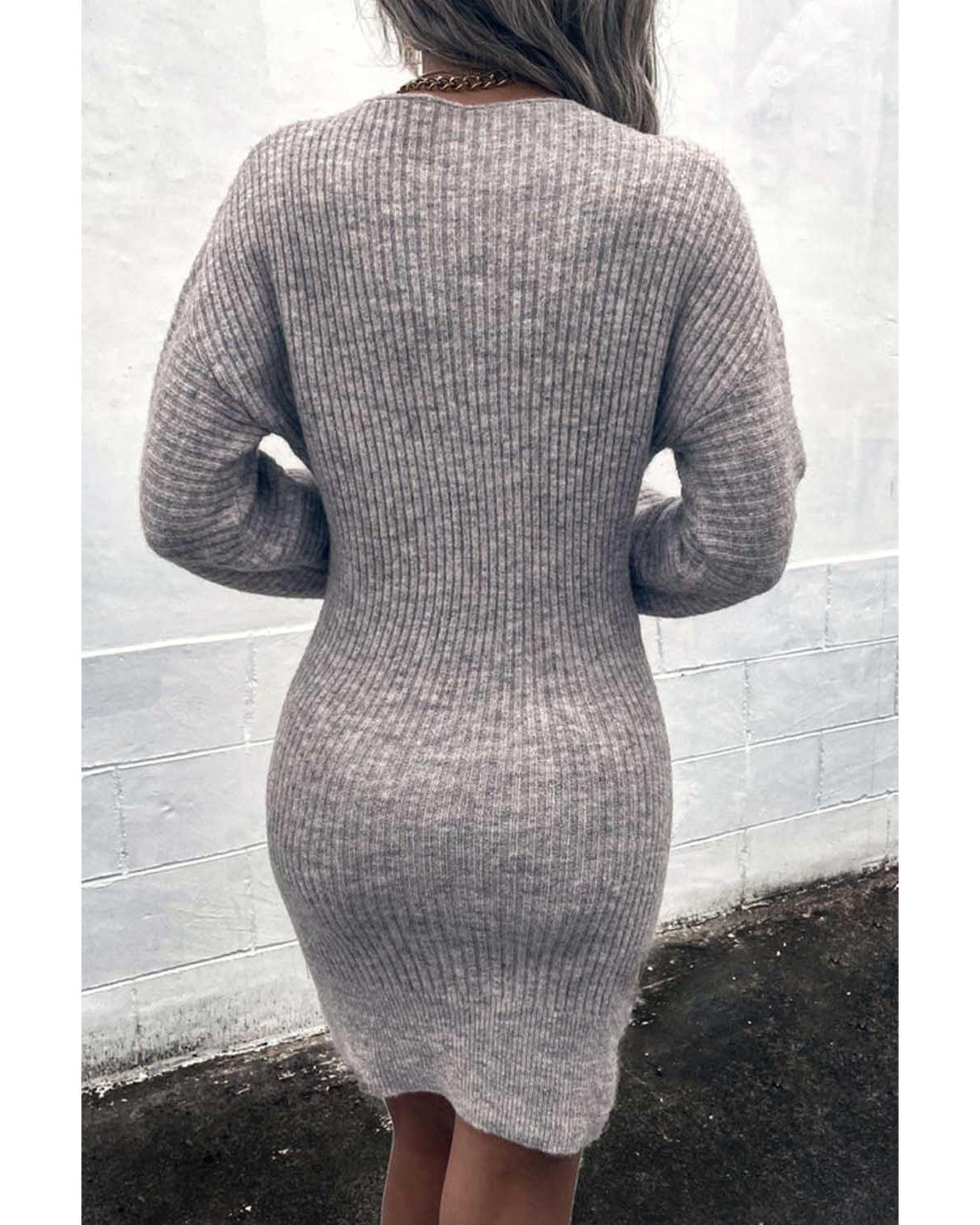 Gray V Neck Bodycon Sweater Dress - XL