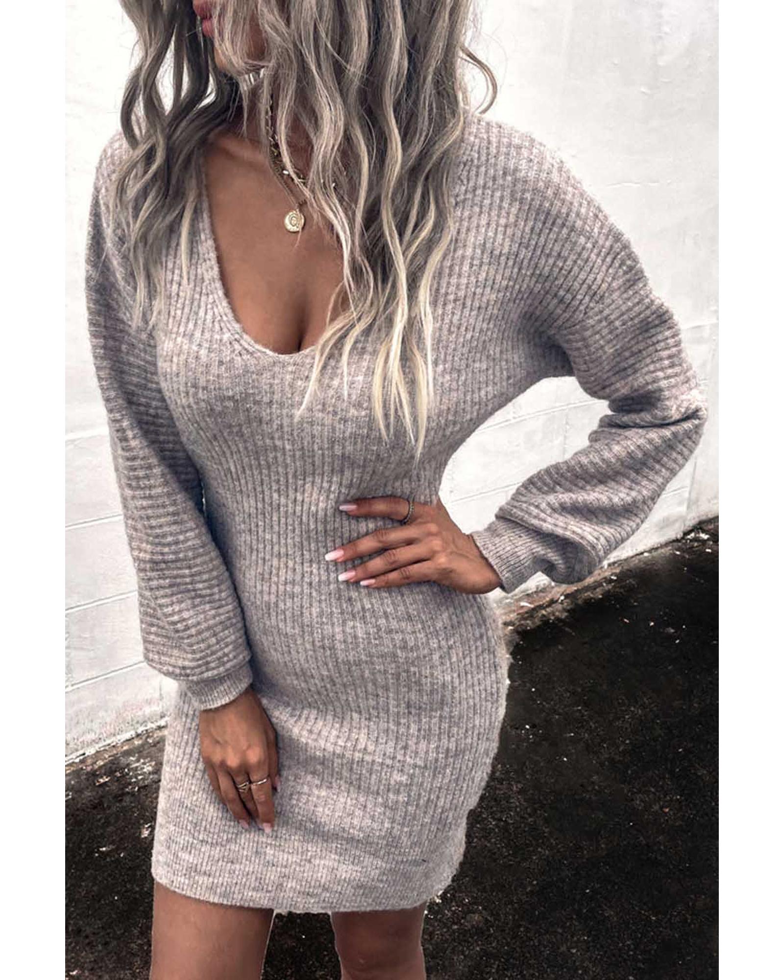 Gray V Neck Bodycon Sweater Dress - XL