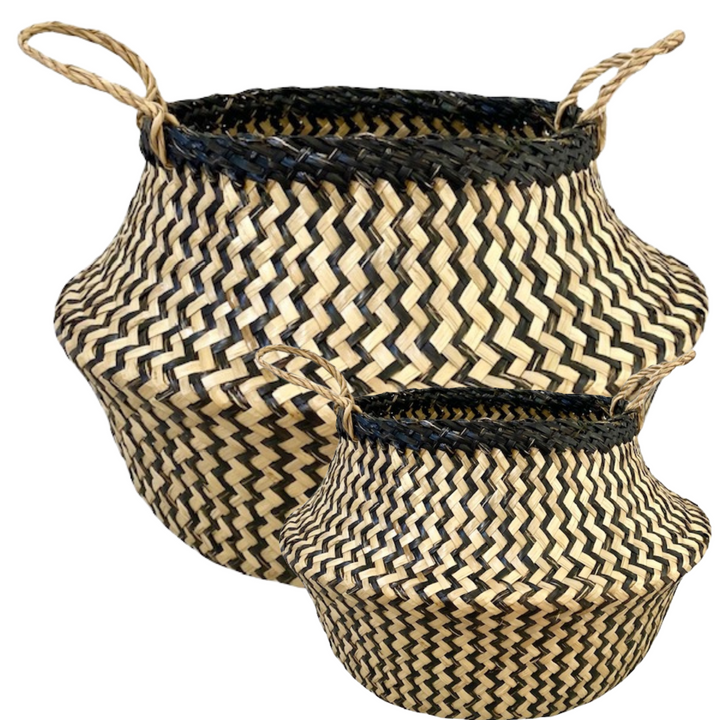 2x Round Seagrass Storage Baskets - Natural Chevron Black 45cm Collapsible