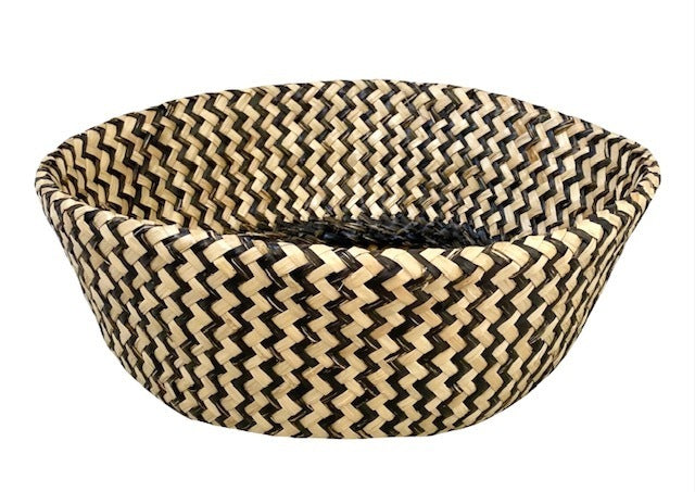 2x Round Seagrass Storage Baskets - Natural Chevron Black 45cm Collapsible
