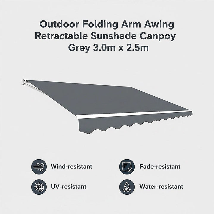 Outdoor Folding Arm Awning Retractable Sunshade Canopy Grey 3.0m x 2.5m