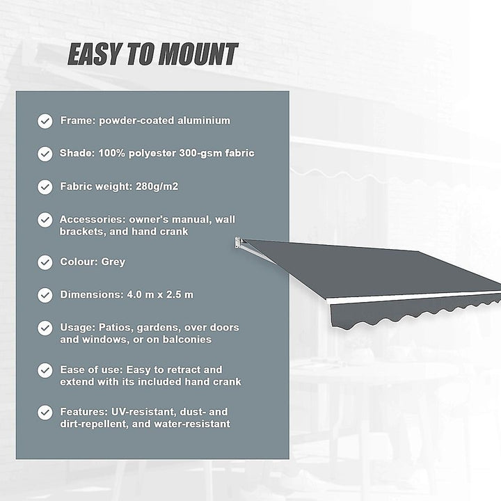 Outdoor Folding Arm Awning Retractable Sunshade Canopy Grey 4.0m x 2.5m