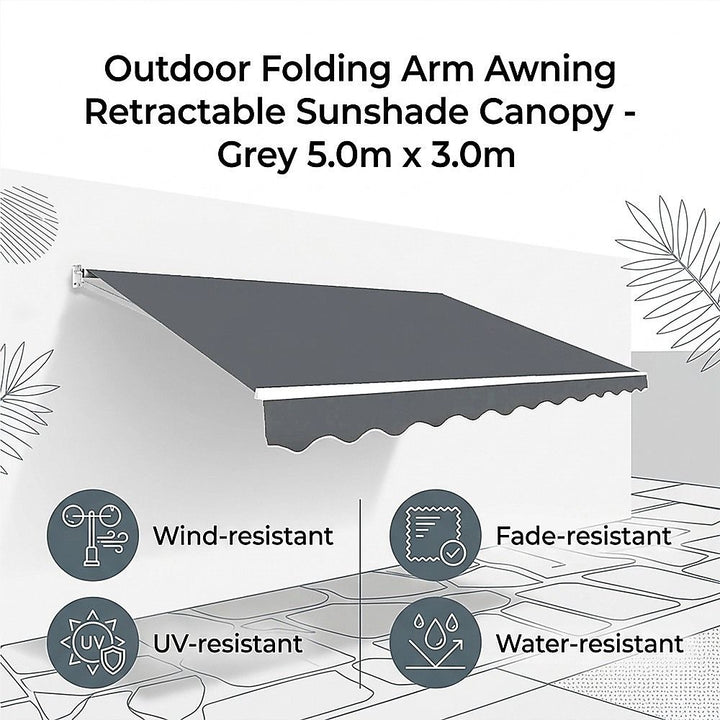 Outdoor Folding Arm Awning Retractable Sunshade Canopy Grey 5.0m x 3.0m