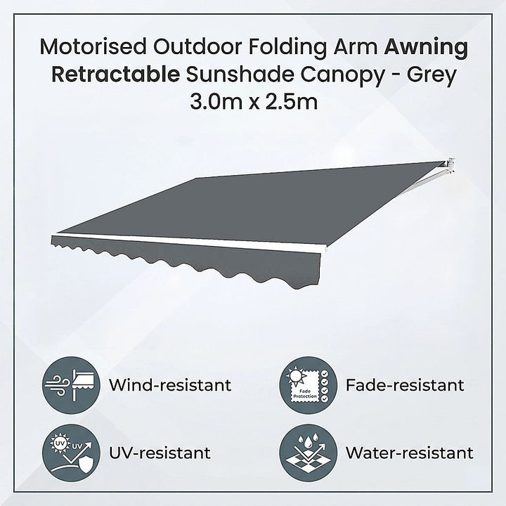 Motorised Outdoor Folding Arm Awning Retractable Sunshade Canopy Grey 3.0m x 2.5m