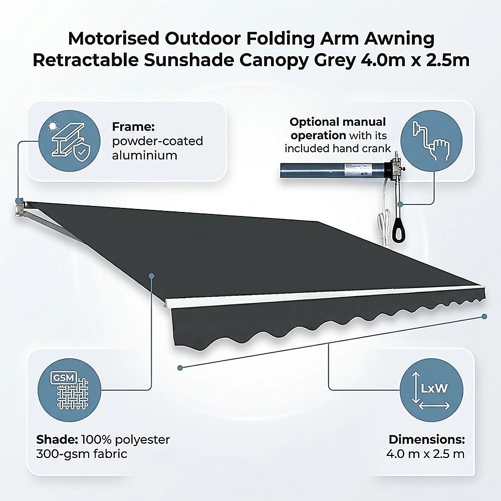 Motorised Outdoor Folding Arm Awning Retractable Sunshade Canopy Grey 4.0m x 2.5m