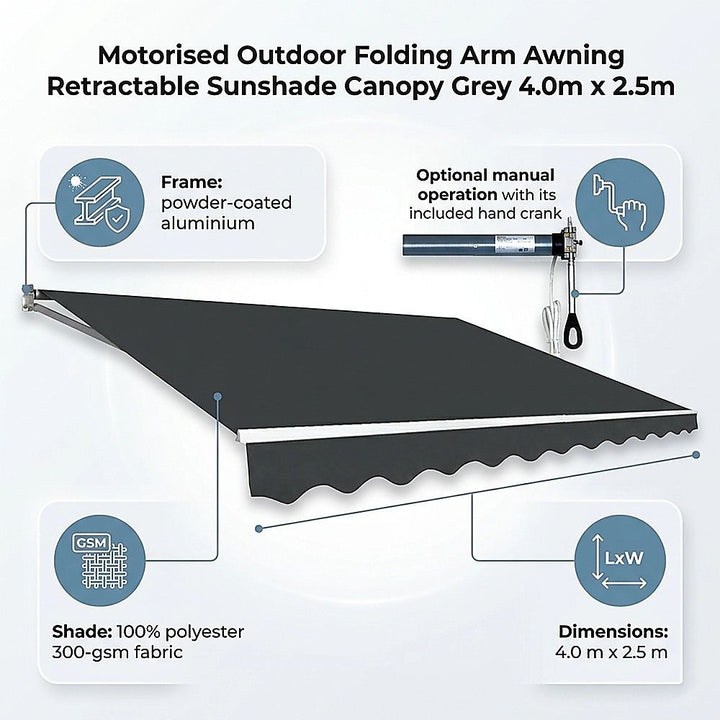 Motorised Outdoor Folding Arm Awning Retractable Sunshade Canopy Grey 4.0m x 2.5m