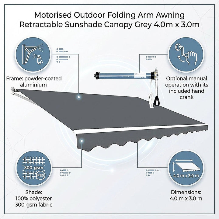 Motorised Outdoor Folding Arm Awning Retractable Sunshade Canopy Grey 4.0m x 3.0m