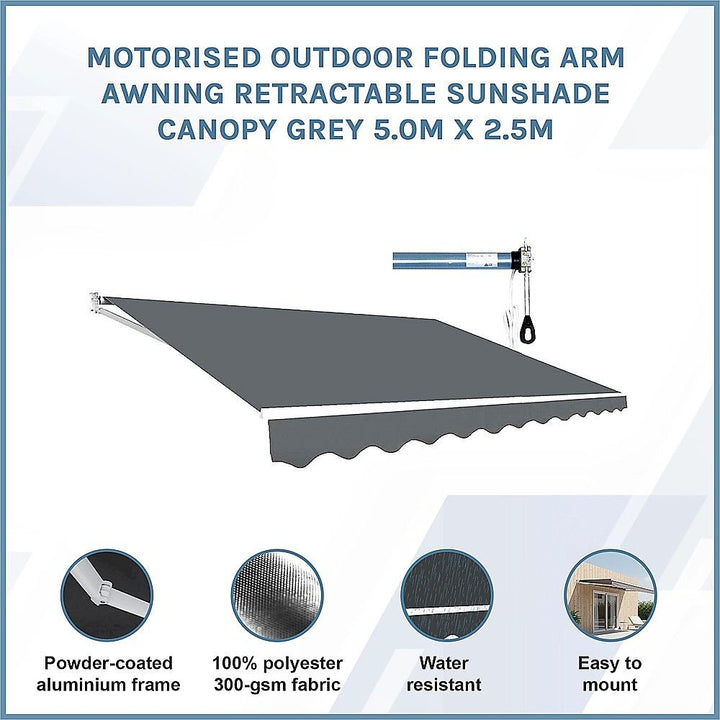 Motorised Outdoor Folding Arm Awning Retractable Sunshade Canopy Grey 5.0m x 2.5m