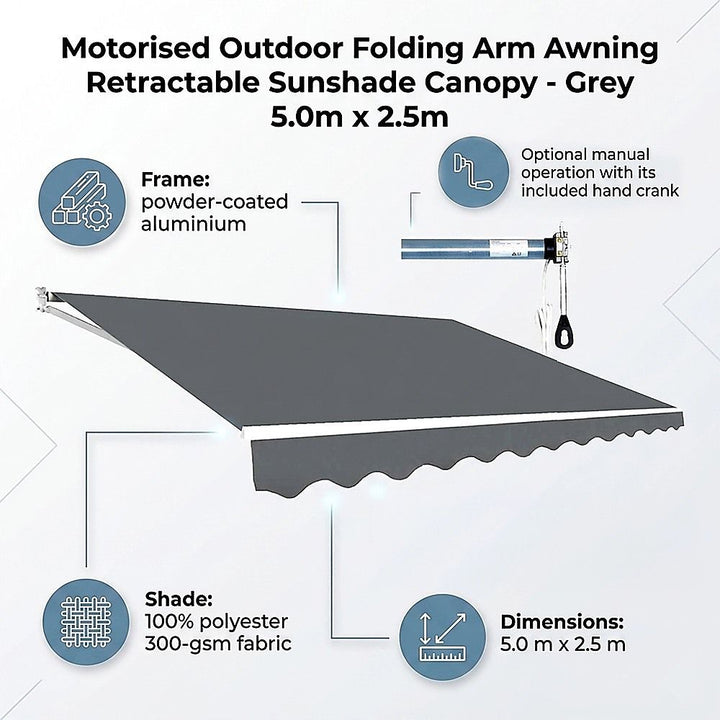 Motorised Outdoor Folding Arm Awning Retractable Sunshade Canopy Grey 5.0m x 2.5m