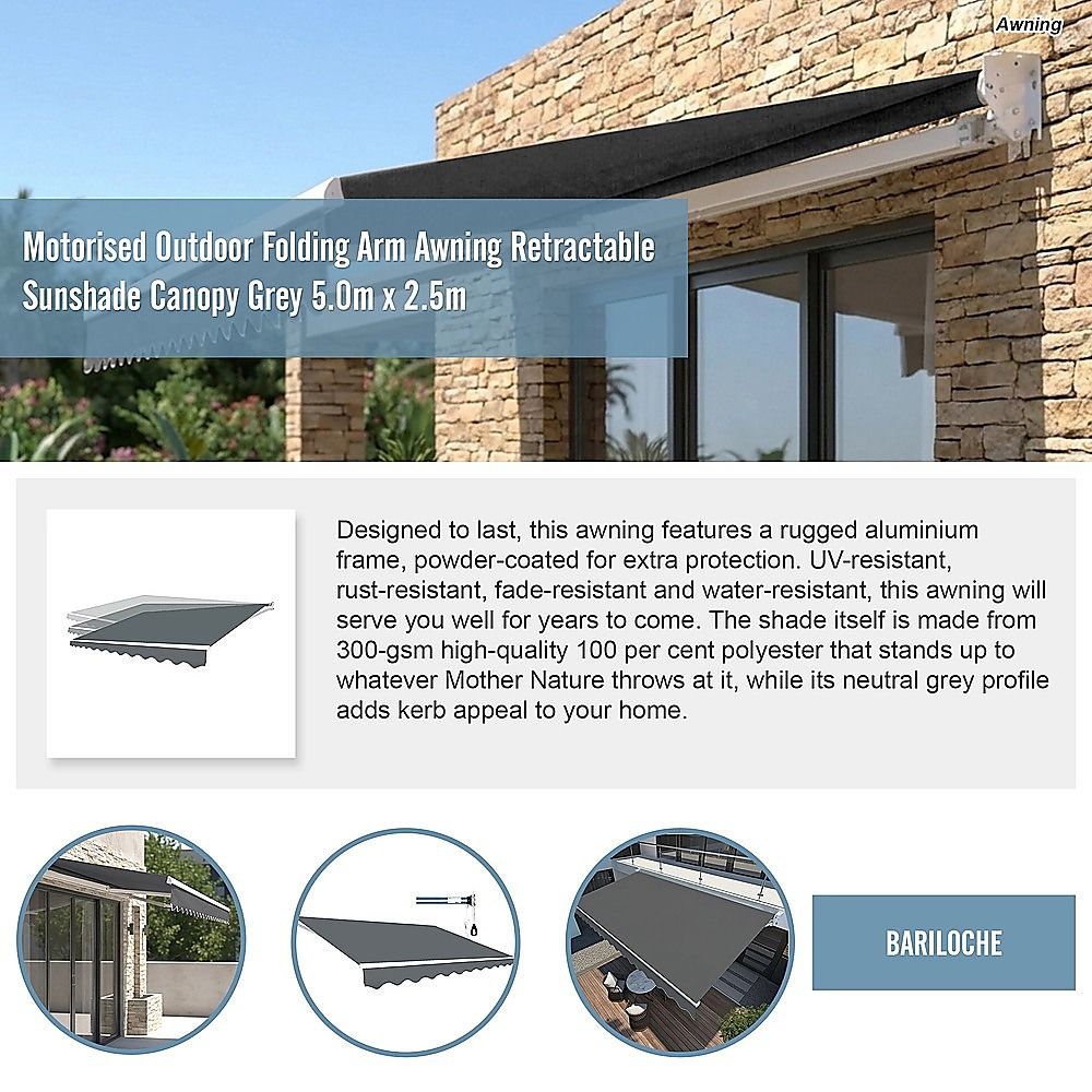 Motorised Outdoor Folding Arm Awning Retractable Sunshade Canopy Grey 5.0m x 2.5m