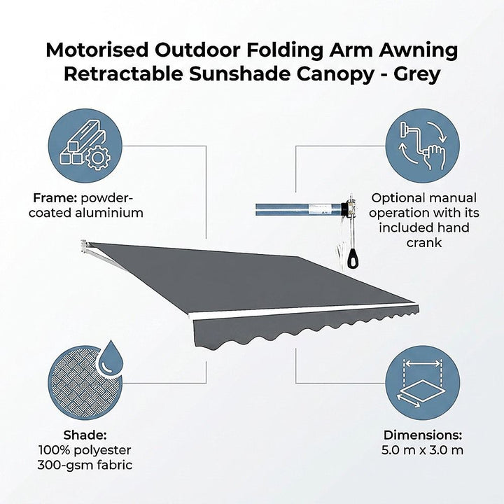 Motorised Outdoor Folding Arm Awning Retractable Sunshade Canopy Grey 5.0m x 3.0m