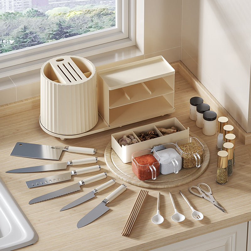 All-in-One Kitchen Countertop Organizer | Rotating Utensil Holder, Knife Block & Spice Rack with Drawer | Cream White