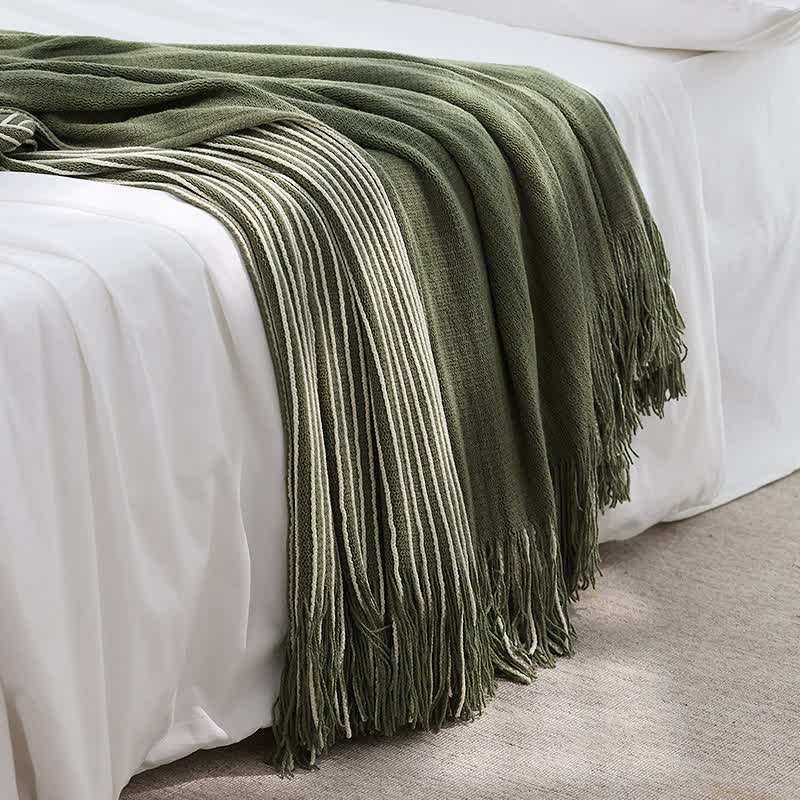 Green Knit Throw Blanket with Fringe - Striped Bed End Cover 127x220cm