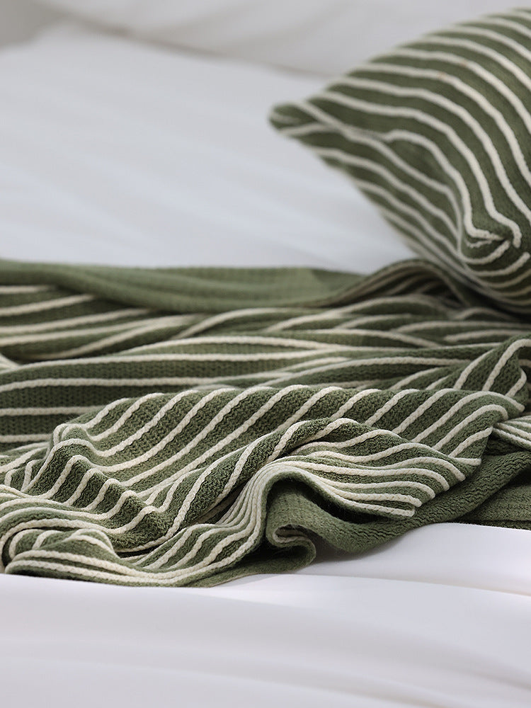 Green Knit Throw Blanket with Fringe - Striped Bed End Cover 127x220cm